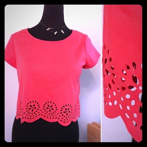 Pink Crop with Laser Cut Floral Design at Hem - Picture 1 of 2